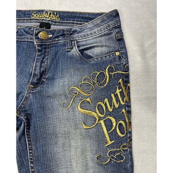 South Pole Cropped Jeans 7 Stretch Gold Logo Metallic Embroidery Inseam Y2K VTG - Picture 2 of 16